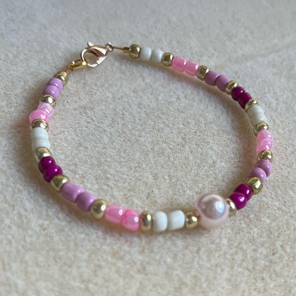 *2 for 20* Pink/White/Gold Color block Beaded Bracelet with Pearl Center
